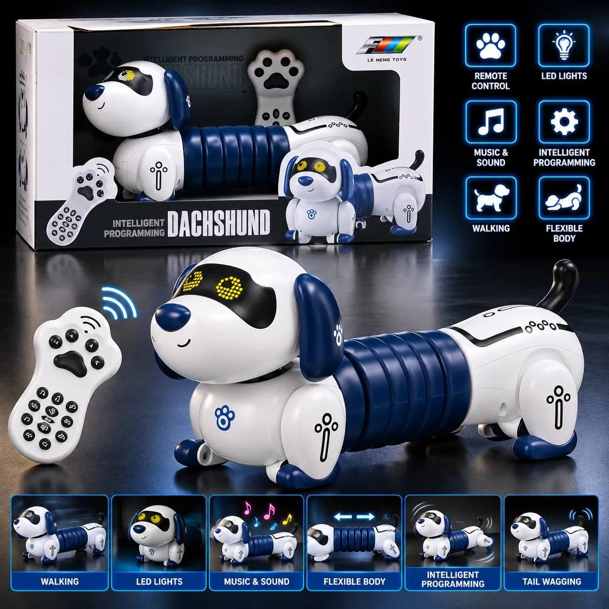 سگ رباتیک کنترلی فنری هوشمند مدل Dachshund همراه ریموت طرح ردپا و موزیک