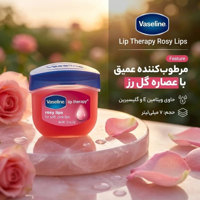 بالم لب مرطوب کننده وازلین مدل ROSE با عصاره آلوئه ورا، ویتامین E، گلیسیرین حجم 7 میلی‌لیتر — تصویر ۲