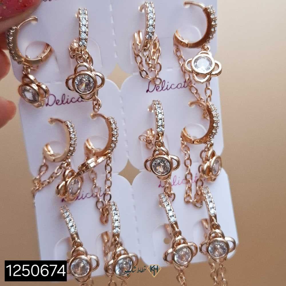گوشواره NYH حلقه ای زنجیری اویزگل نگین دار (6جفتی) — تصویر ۳
