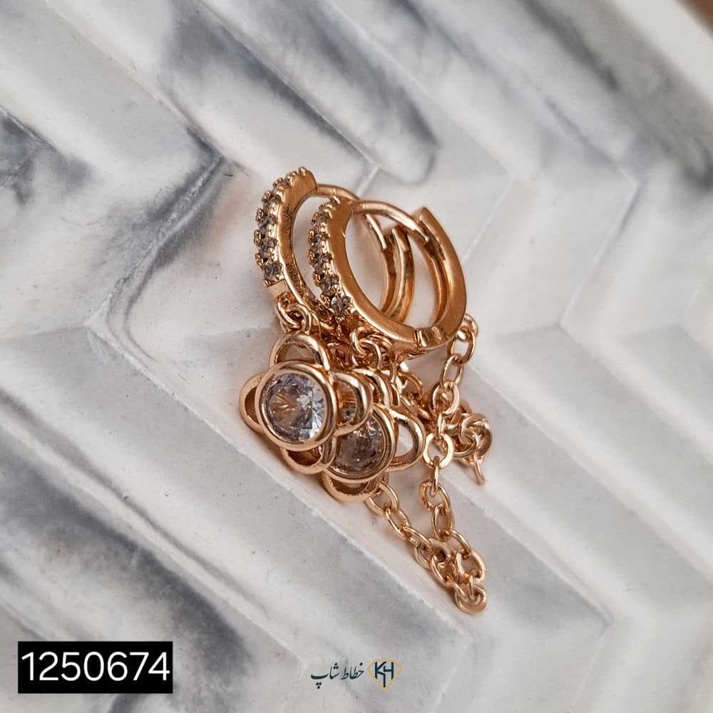 گوشواره NYH حلقه ای زنجیری اویزگل نگین دار (6جفتی)