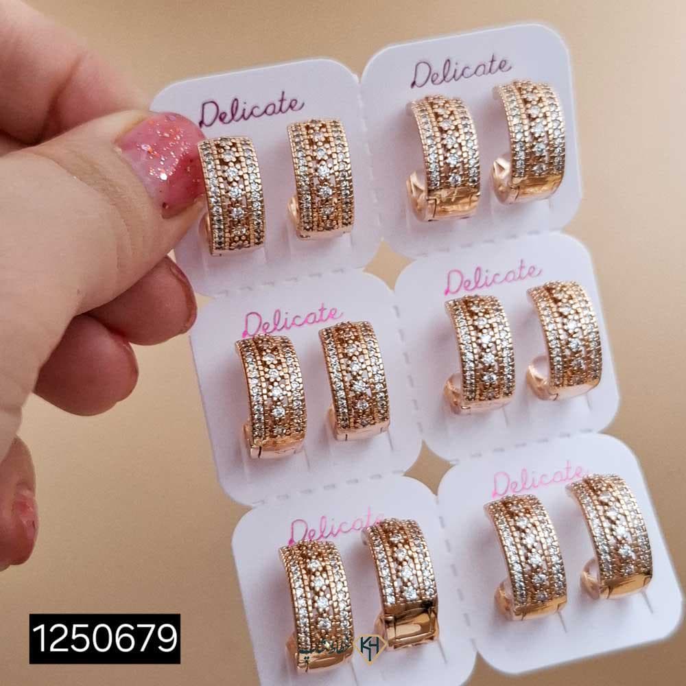گوشواره NYH حلقه ای 3رج نگین اتمی (6جفتی) — تصویر ۳