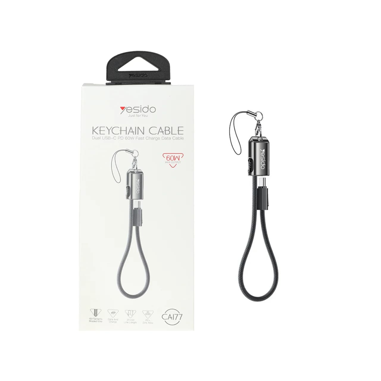 کابل شارژ فست 20 سانتی Yesido Type-C To Type-C و جاسوئیچی مدل CA177 60W – مشکی (گارانتی 18 ماه تعویض نیکان همراه)