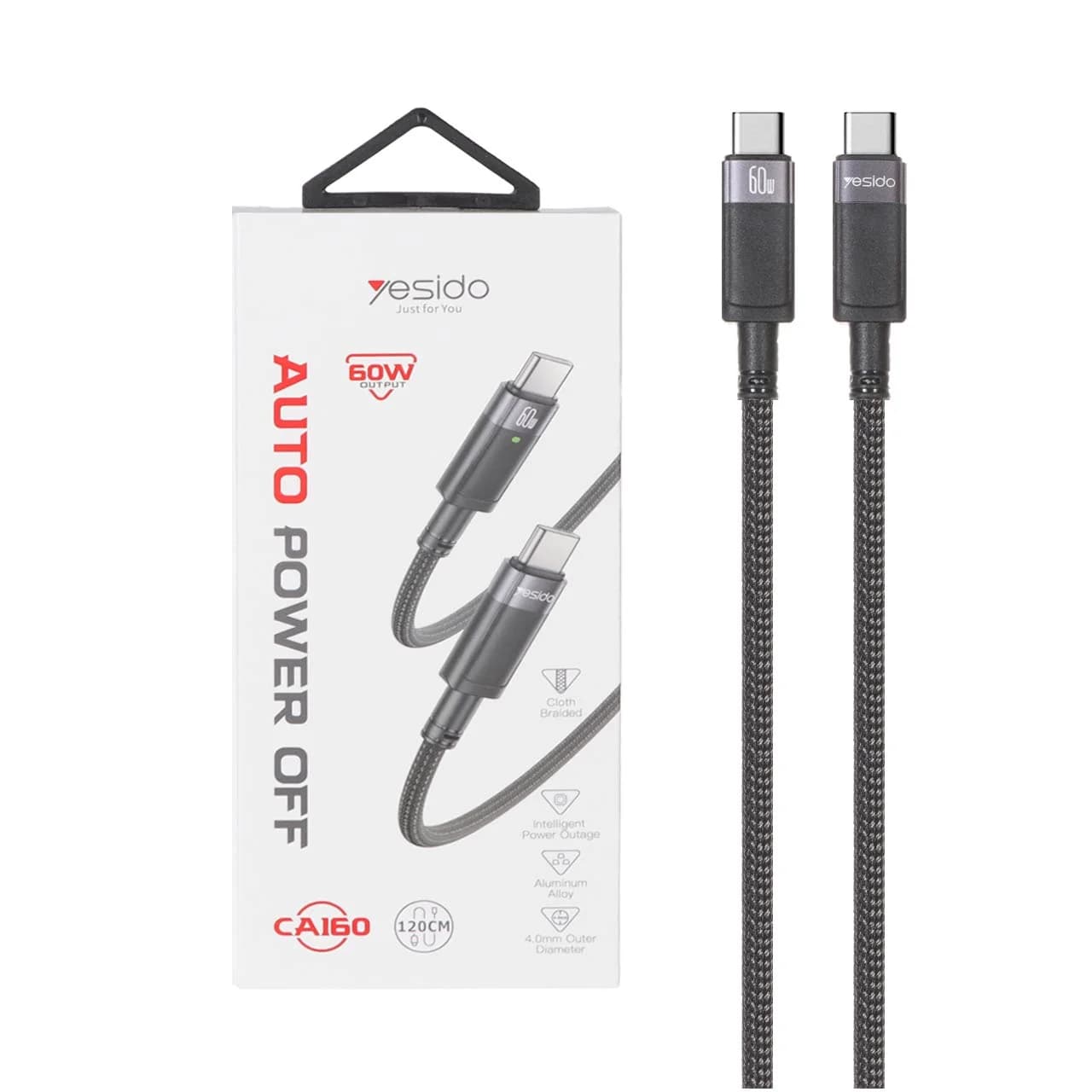 کابل شارژ 1.2 متری PD و فست Yesido Type-C To Type-C مدل CA160 60W – مشکی (گارانتی 18 ماه تعویض نیکان همراه)