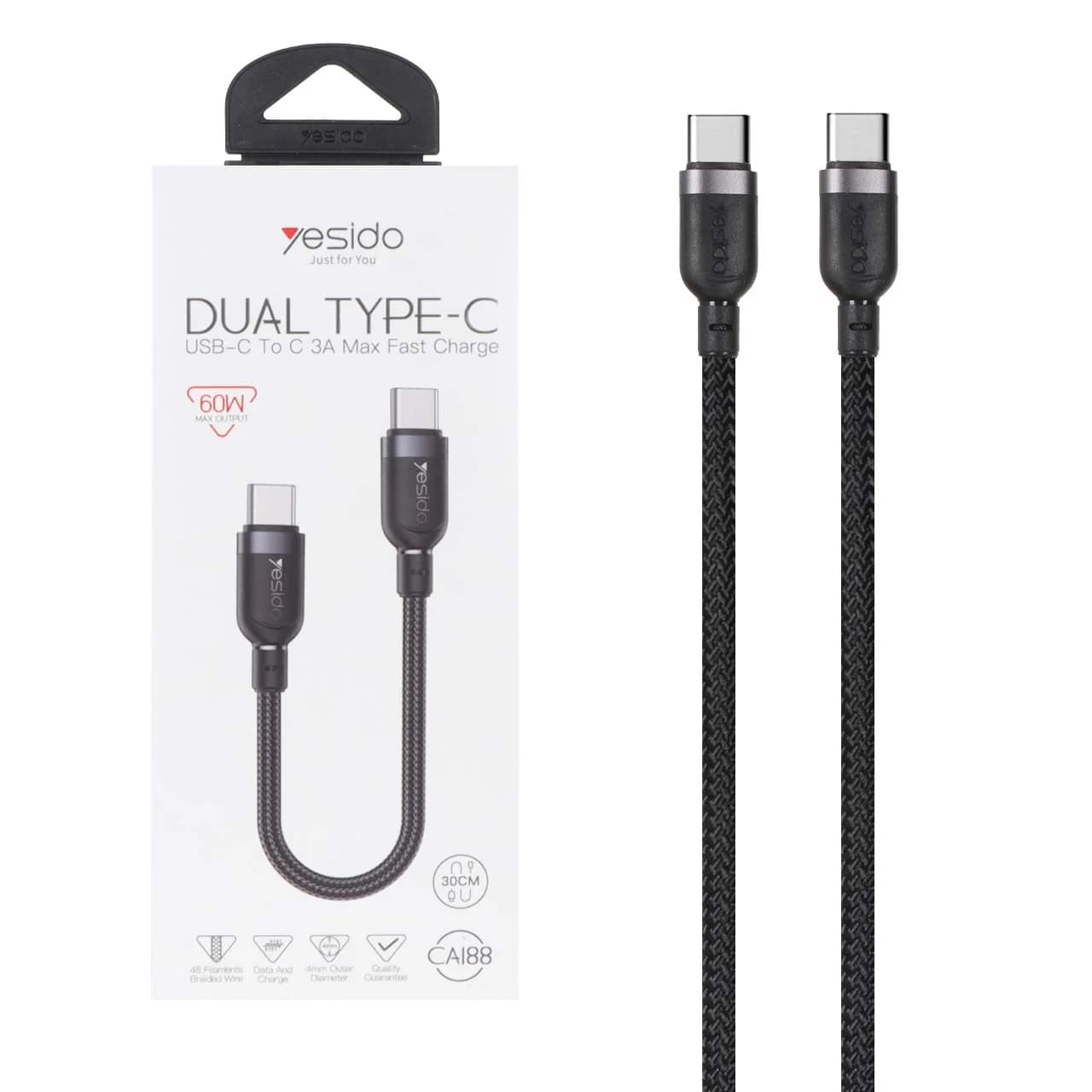 کابل شارژ فست پاوربانک Yesido Type-C To Type-C مدل CA188 60W – مشکی (گارانتی 18 ماه تعویض نیکان همراه)