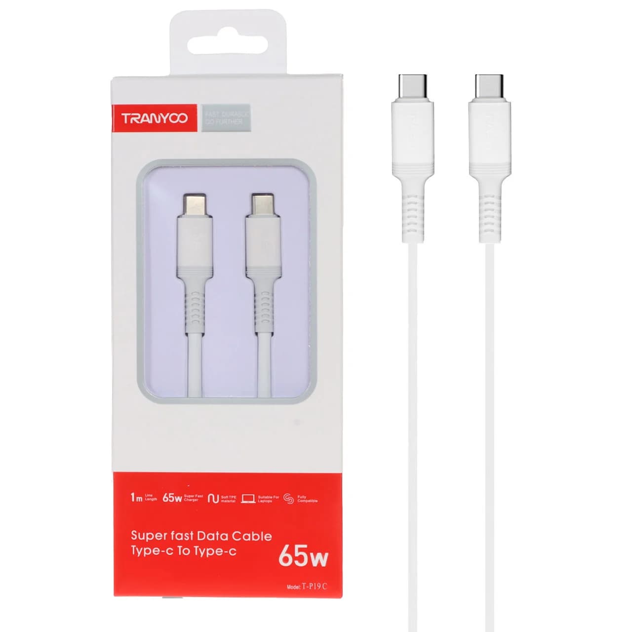کابل شارژ PD و فست TRANYOO Type-C to Type-C مدل T-P19C – سفید
