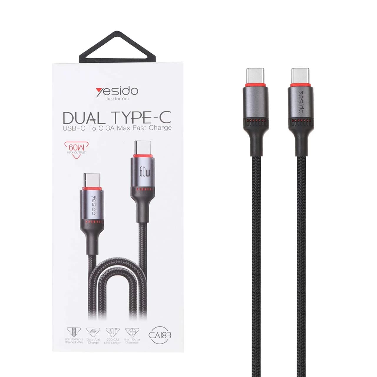 کابل شارژ 2 متری فست Yesido Type-C To Type-C مدل CA183 60W – مشکی (گارانتی 18 ماه تعویض نیکان همراه)