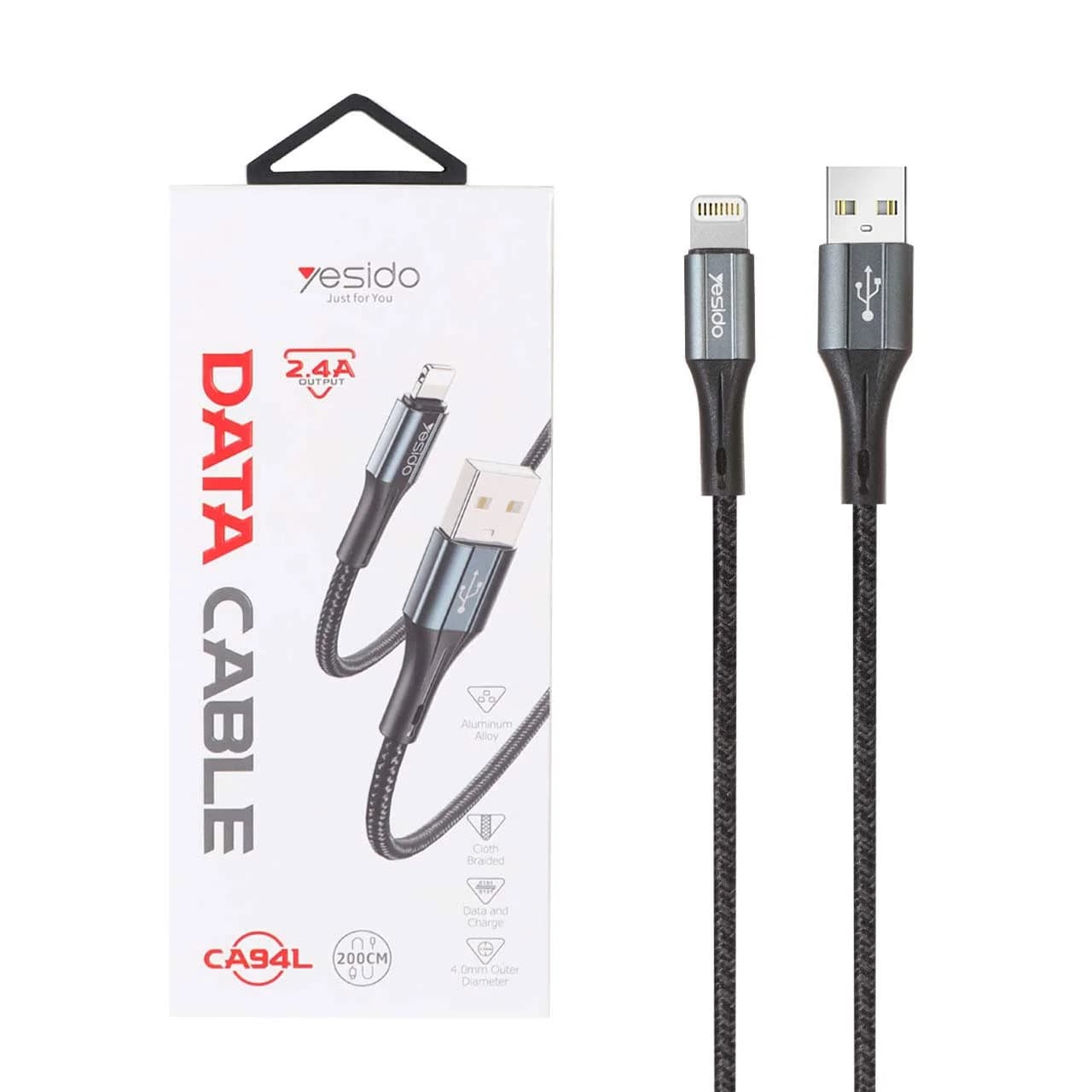 کابل شارژ و دیتا 2 متری فست آیفون کنفی Yesido مدل CA94L – مشکی (گارانتی 18 ماه تعویض نیکان همراه)