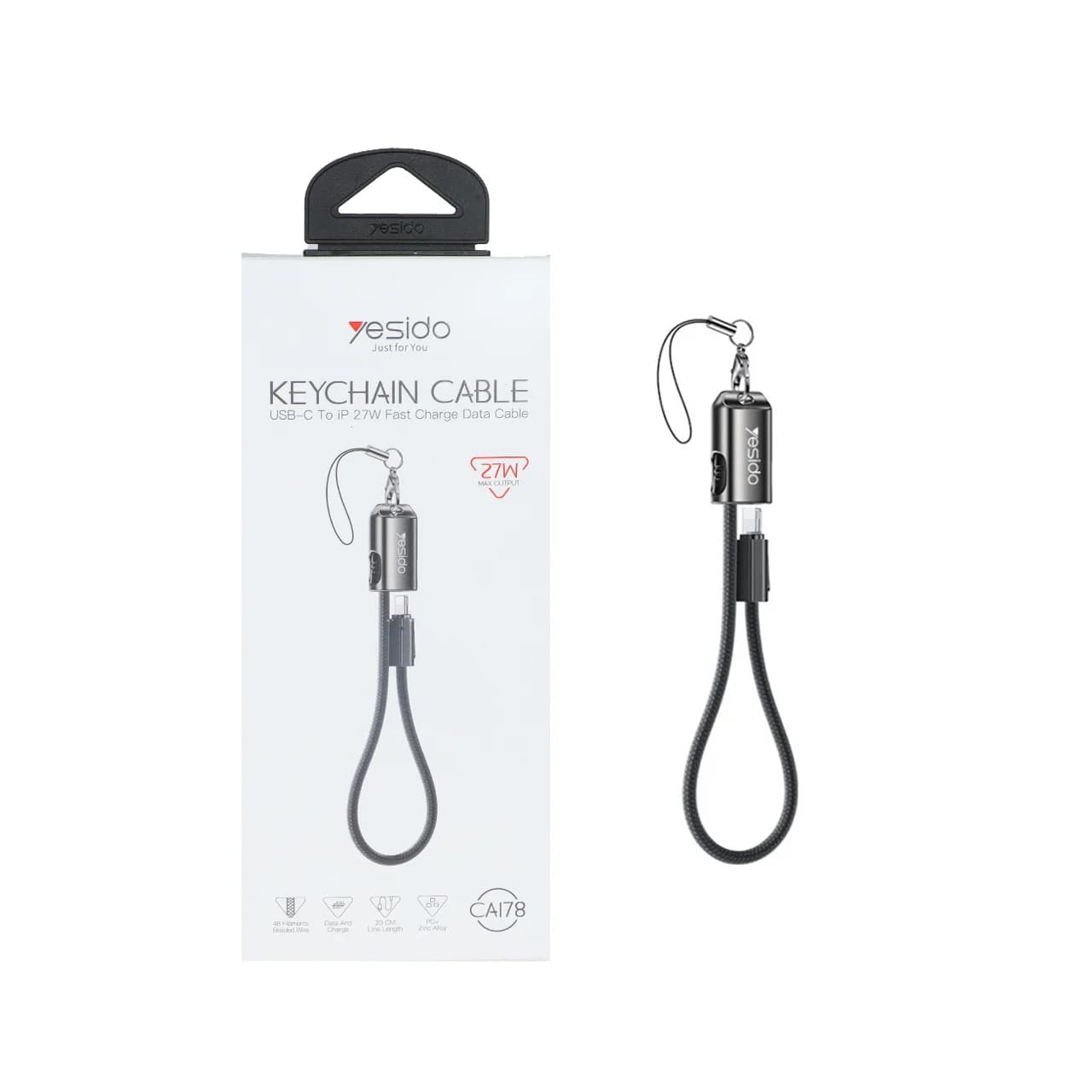 کابل شارژ فست 20 سانتی Yesido Type-C To Lightning و جاسوئیچی مدل CA178 27W – مشکی (گارانتی 18 ماه تعویض نیکان همراه)