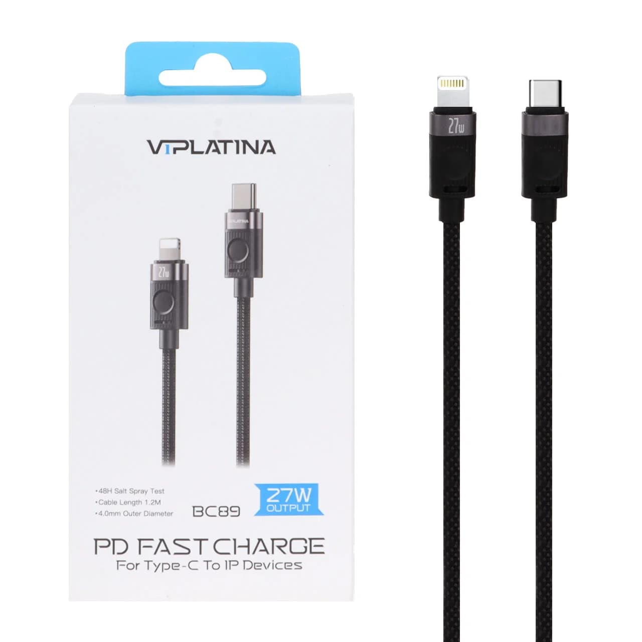 کابل شارژ فست VIPLATINA Type-C To Lightning مدل BC89 27W – مشکی (گارانتی 18 ماه تعویض نیکان همراه)