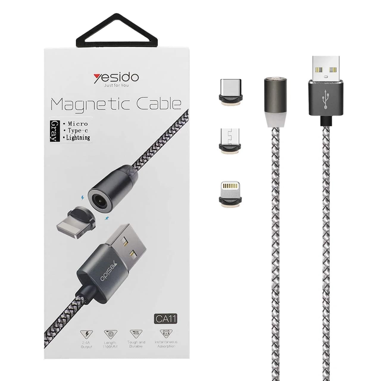کابل شارژ فست مگنتی تبدیل USB به لایتنینگ-yesido Type-c-MicroUSB مدل CA11-خاکستری (گارانتی 18 ماه تعویض نیکان همراه)