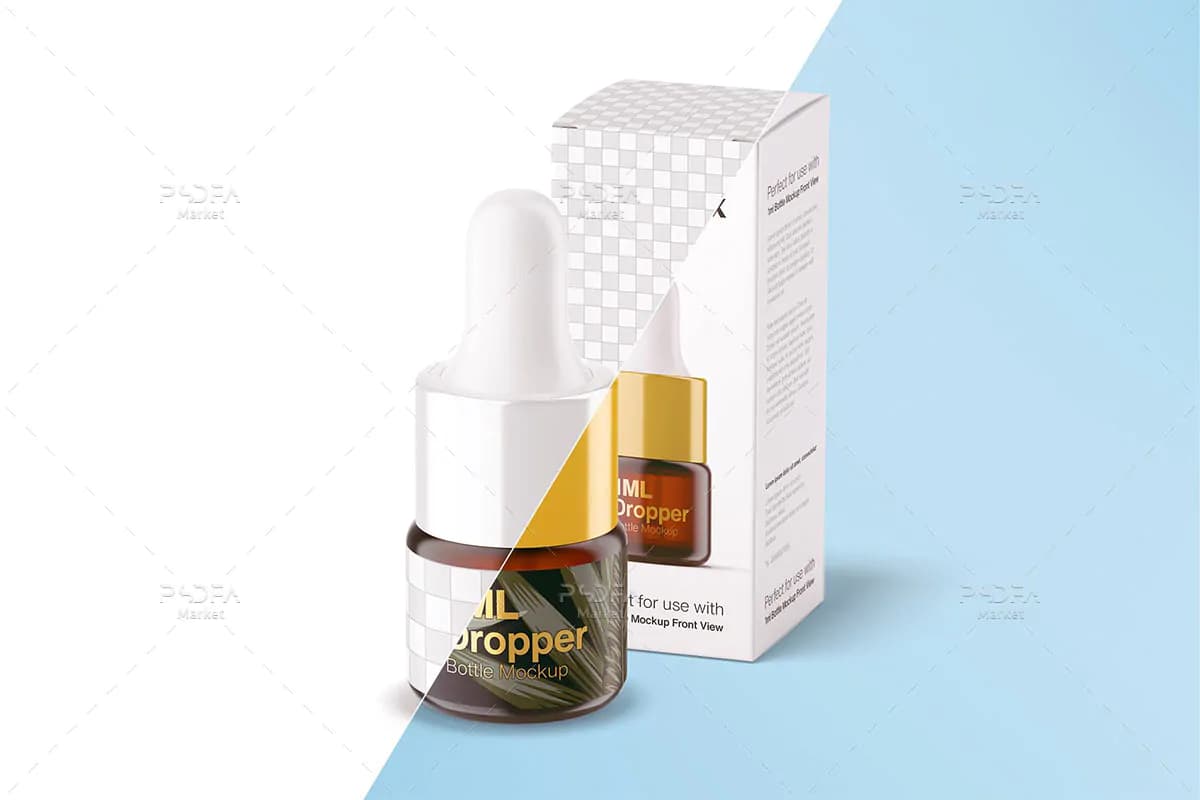 موکاپ بطری قطره چکان ا میلی لیتری کهربایی با جعبه — تصویر ۳