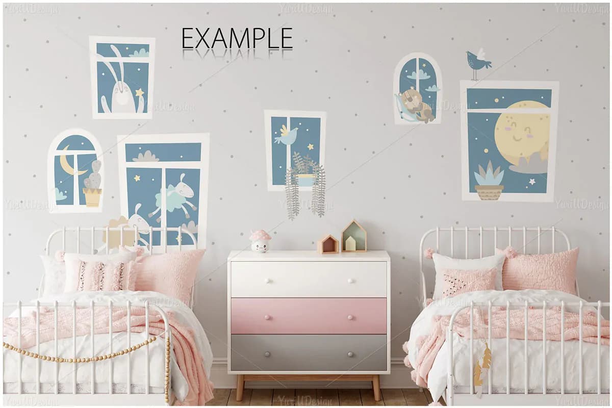 موکاپ قاب عکس و کاغذ دیواری اتاق کودک — تصویر ۵