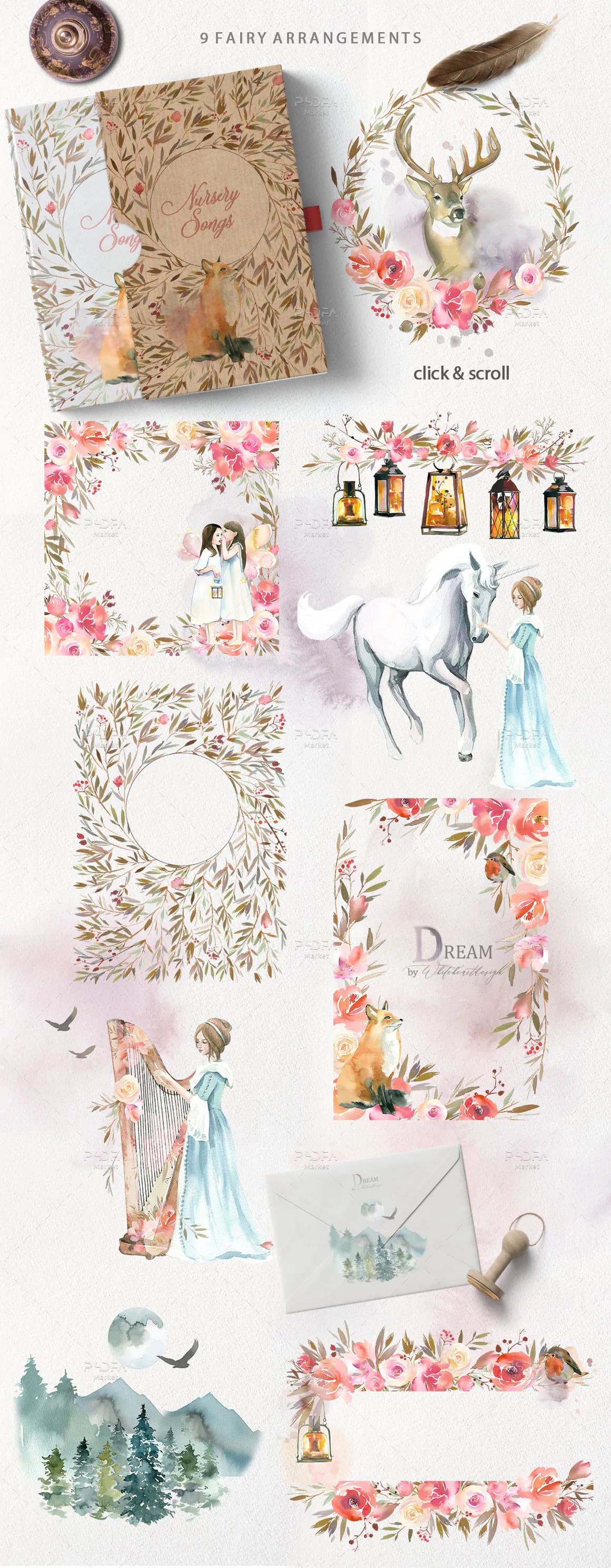 طرح رویایی پری و فرشته آبرنگی + پترن، گل و بوته و عناصر طراحی — تصویر ۵