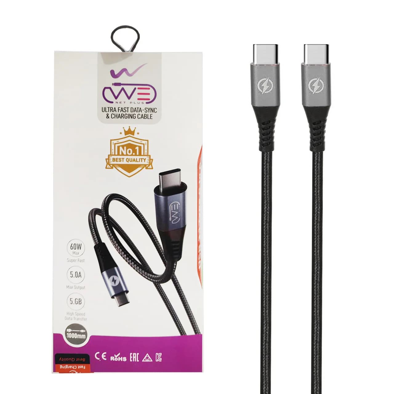 کابل شارژ فست We-net Plus Type-C To Type-C مدل ETW 002 60W – مشکی خاکستری — تصویر ۳