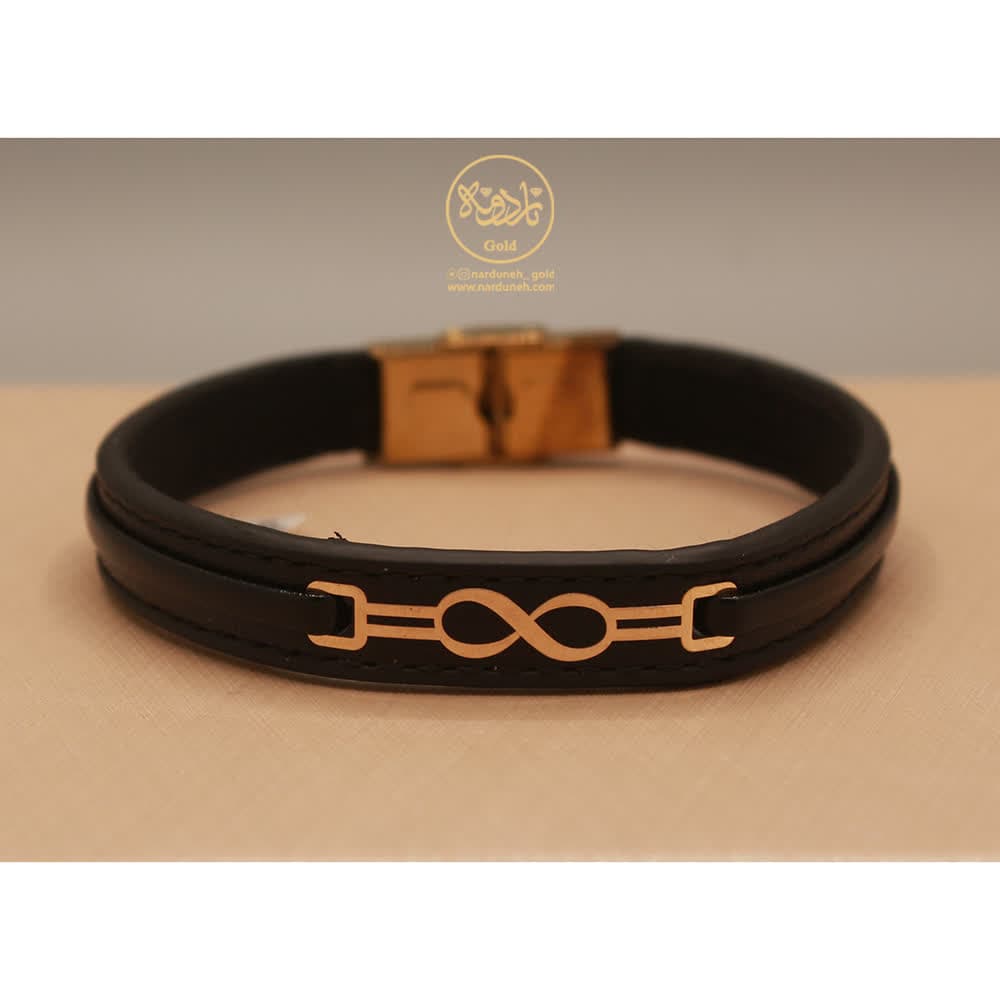 دستبند چرم طلا ۱۸ عیار مردانه بینهایت مشکی 0.11 گرم