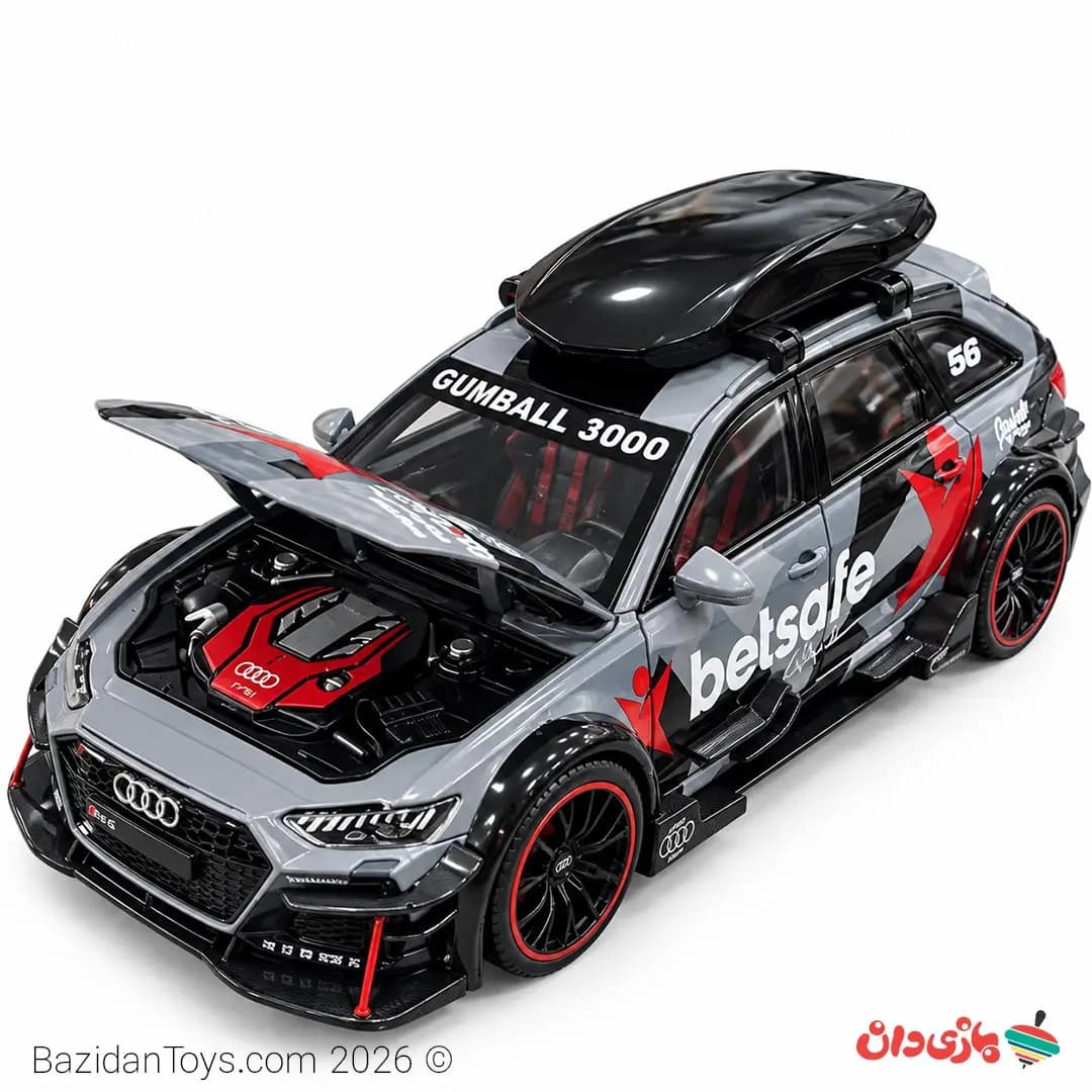 نام محصول: ماکت فلزی آئودی RS6 طرح Gumball 3000 با باکس سقفی — تصویر ۴