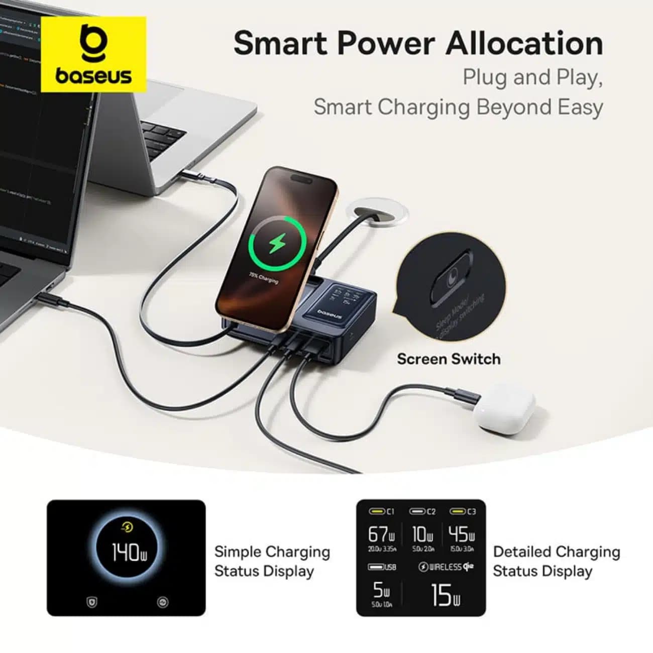 شارژر وایرلس 15 وات و هاب شارژر USB، تایپ‌سی و کابل تایپ‌سی جمع شونده 140 وات بیسوس Baseus CCNMS140 P10170901123-00 — تصویر ۲
