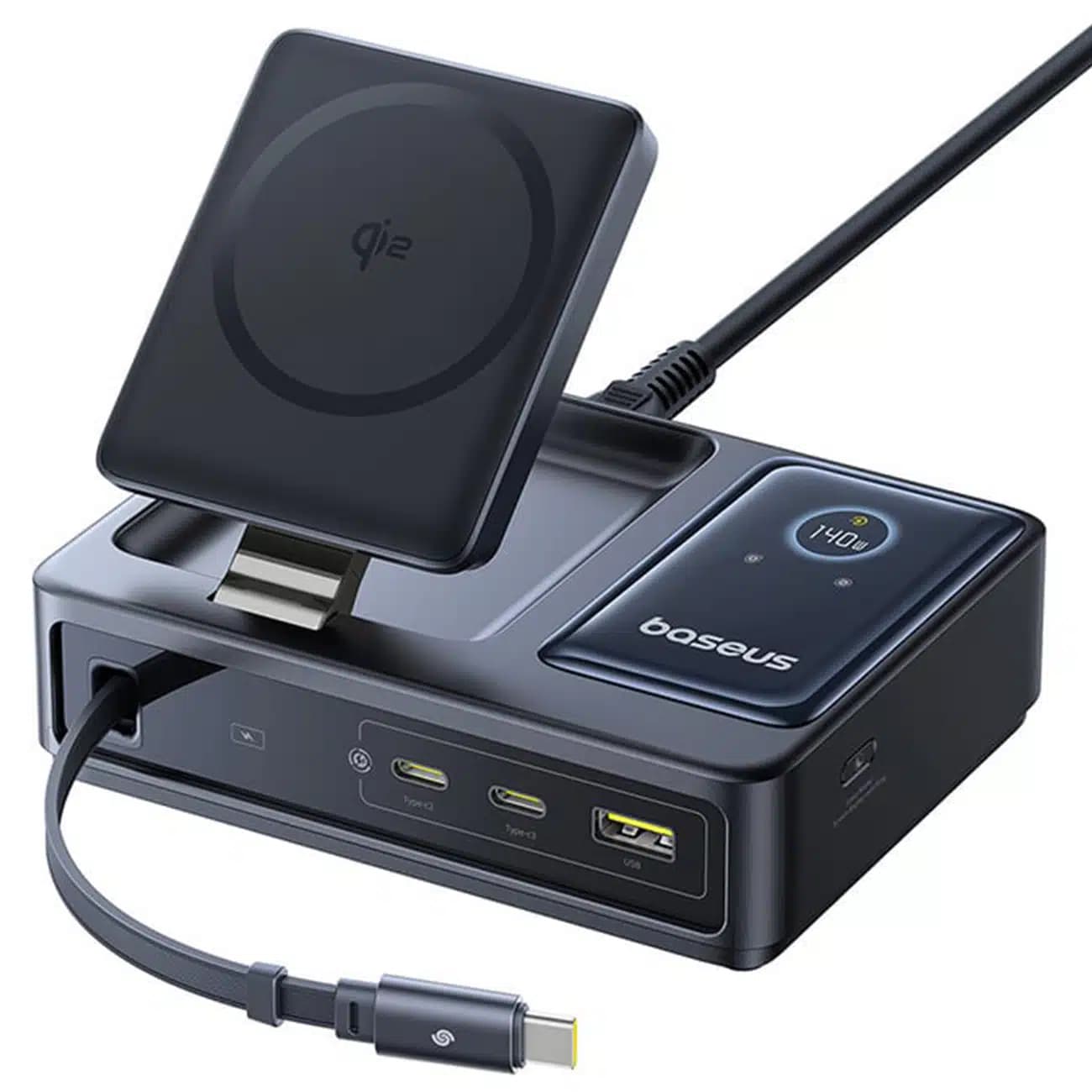 شارژر وایرلس 15 وات و هاب شارژر USB، تایپسی و کابل تایپسی جمع شونده 140 وات بیسوس Baseus CCNMS140 P10170901123-00