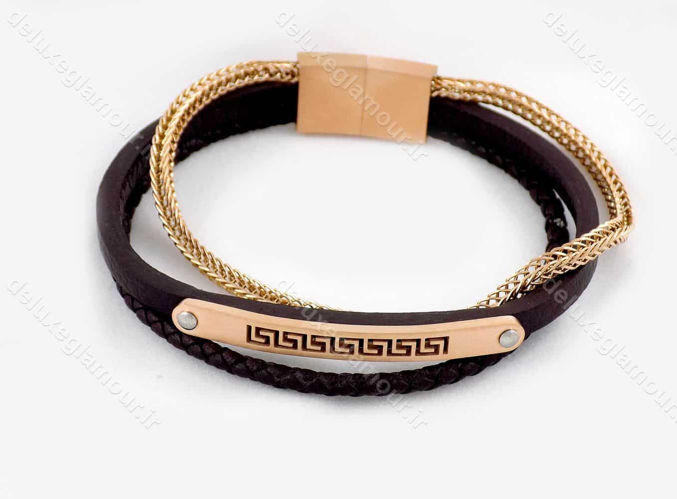 دستبند مردانه چرم سه لاینه زنجیری با رویه استیل رنگ رزگلد ds-n189 — تصویر ۳