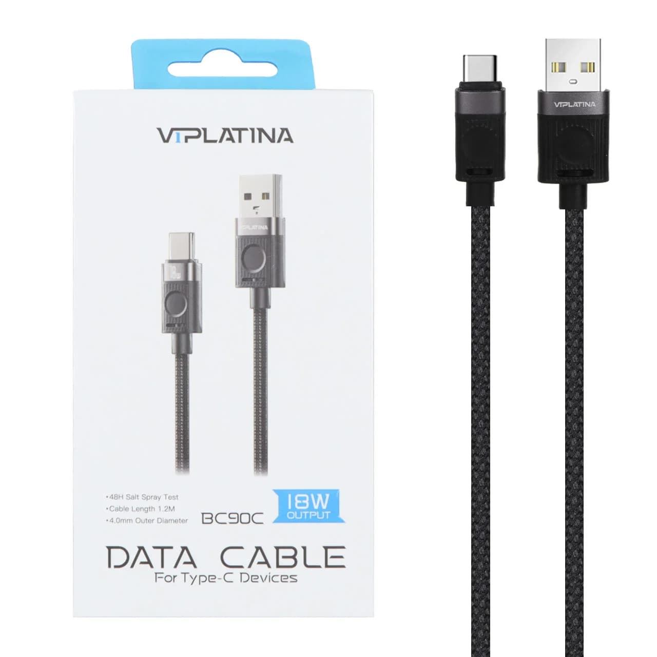 کابل شارژ فست VIPLATINA Type-C مدل BC90C 18W – مشکی (گارانتی 18 ماه تعویض نیکان همراه)