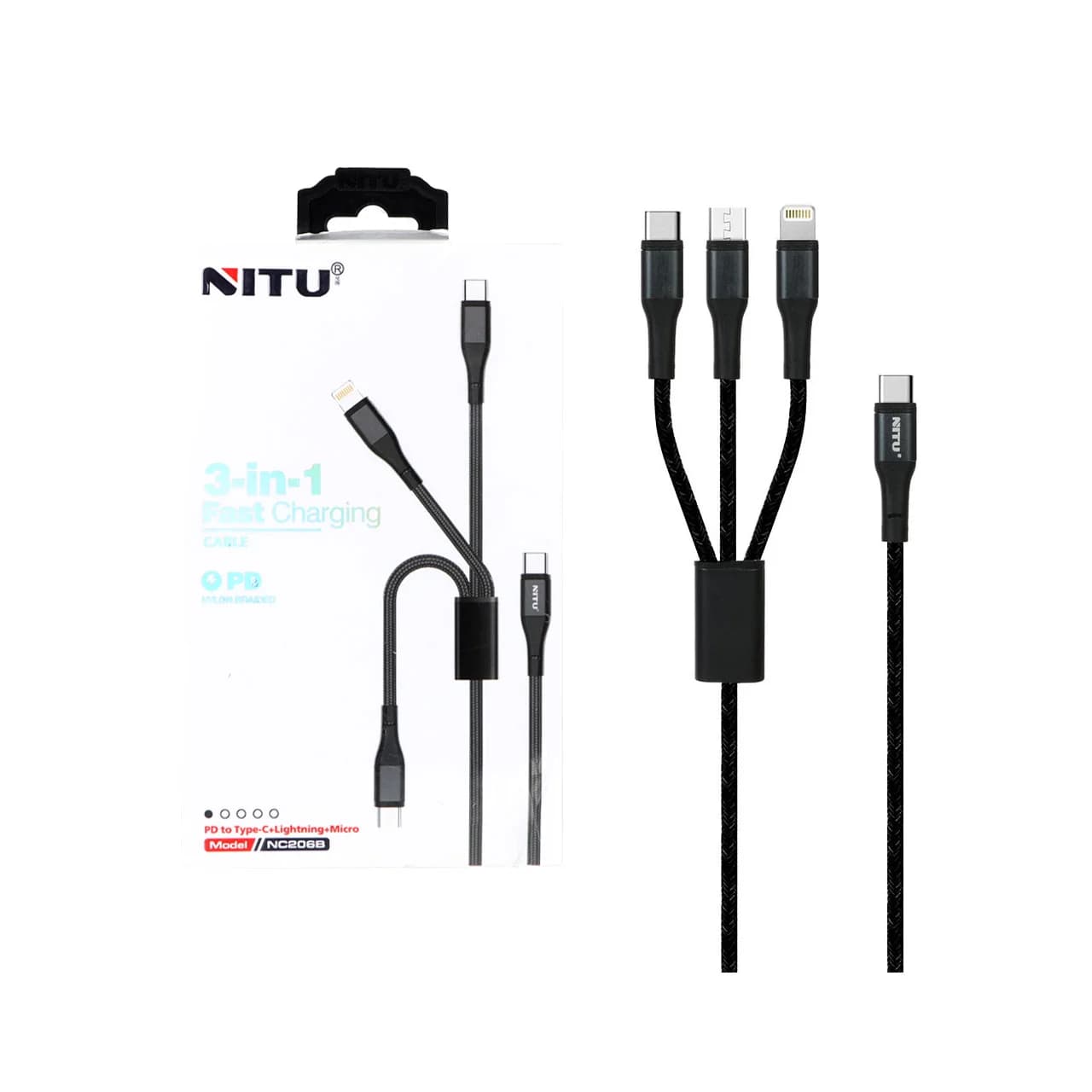 کابل شارژودیتا 1.2متری PD و فست سه کاره Nitu مدل NC206B – مشکی (گارانتی 18 ماه تعویض نیکان همراه)