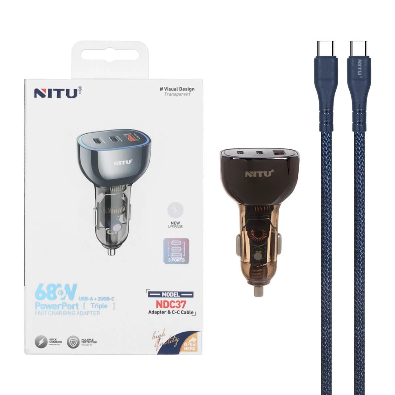 شارژر فندکی فست و PD سه پورت Nitu مدل NDC37 68W به همراه کابل شارژ Type-C To Type-C – مشکی (گارانتی 18 ماه تعویض نیکان همراه)