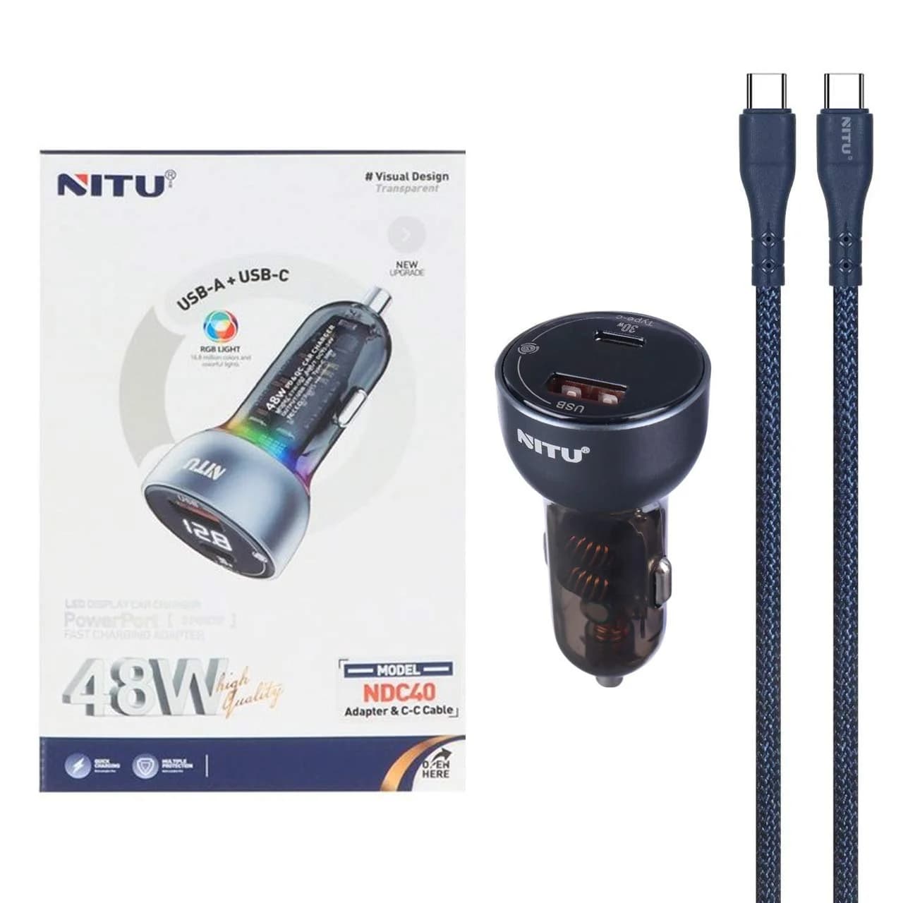 شارژر فندکی فست و PD دو پورت Nitu مدل NDC40 48W به همراه کابل شارژ Type-C To Type-C – سرمه ای (گارانتی 18 ماه تعویض نیکان همراه)