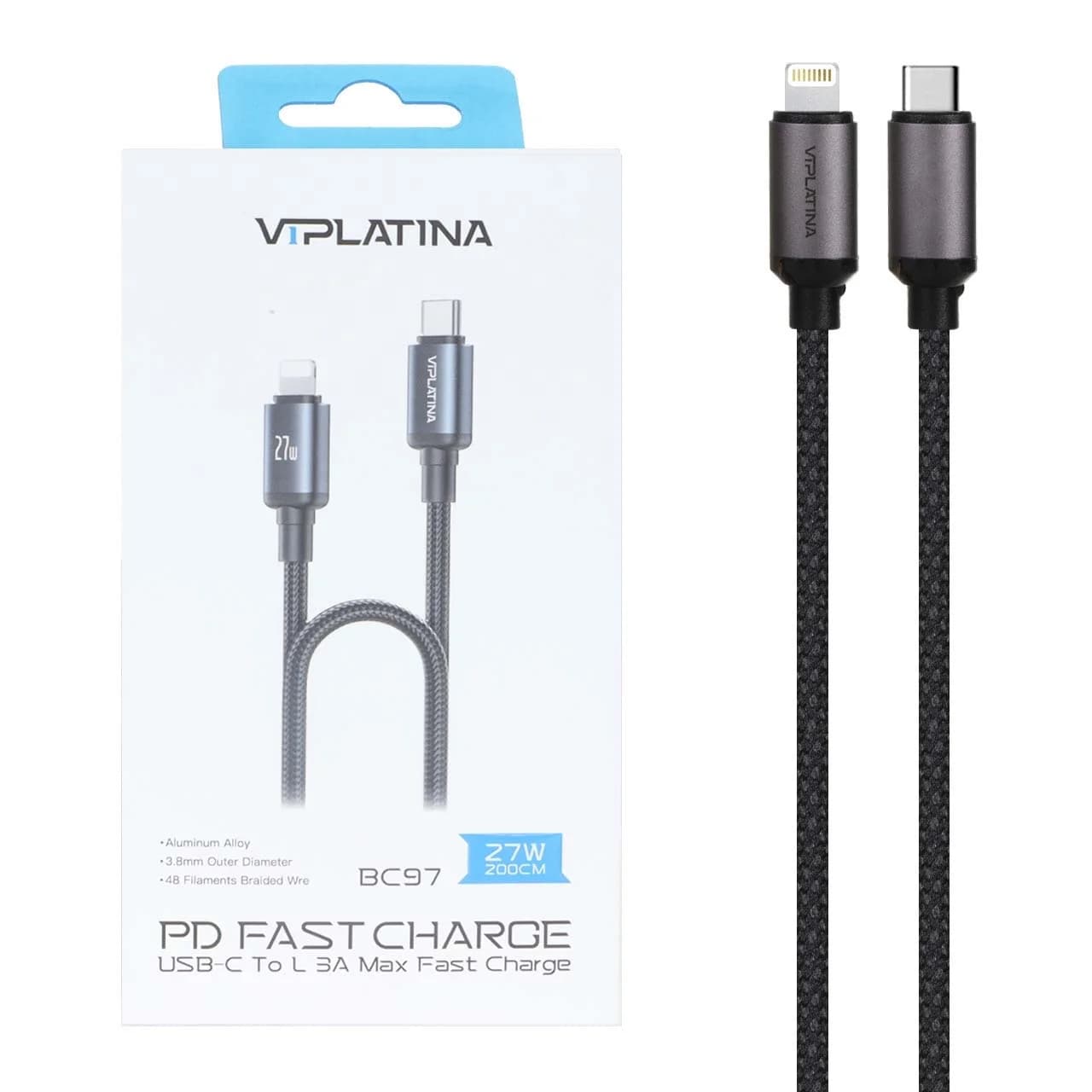 کابل شارژ PD و فست VIPLATINA Type-C To Lightning مدل BC97 27W – مشکی (گارانتی 18 ماهه تعویض نیکان همراه)