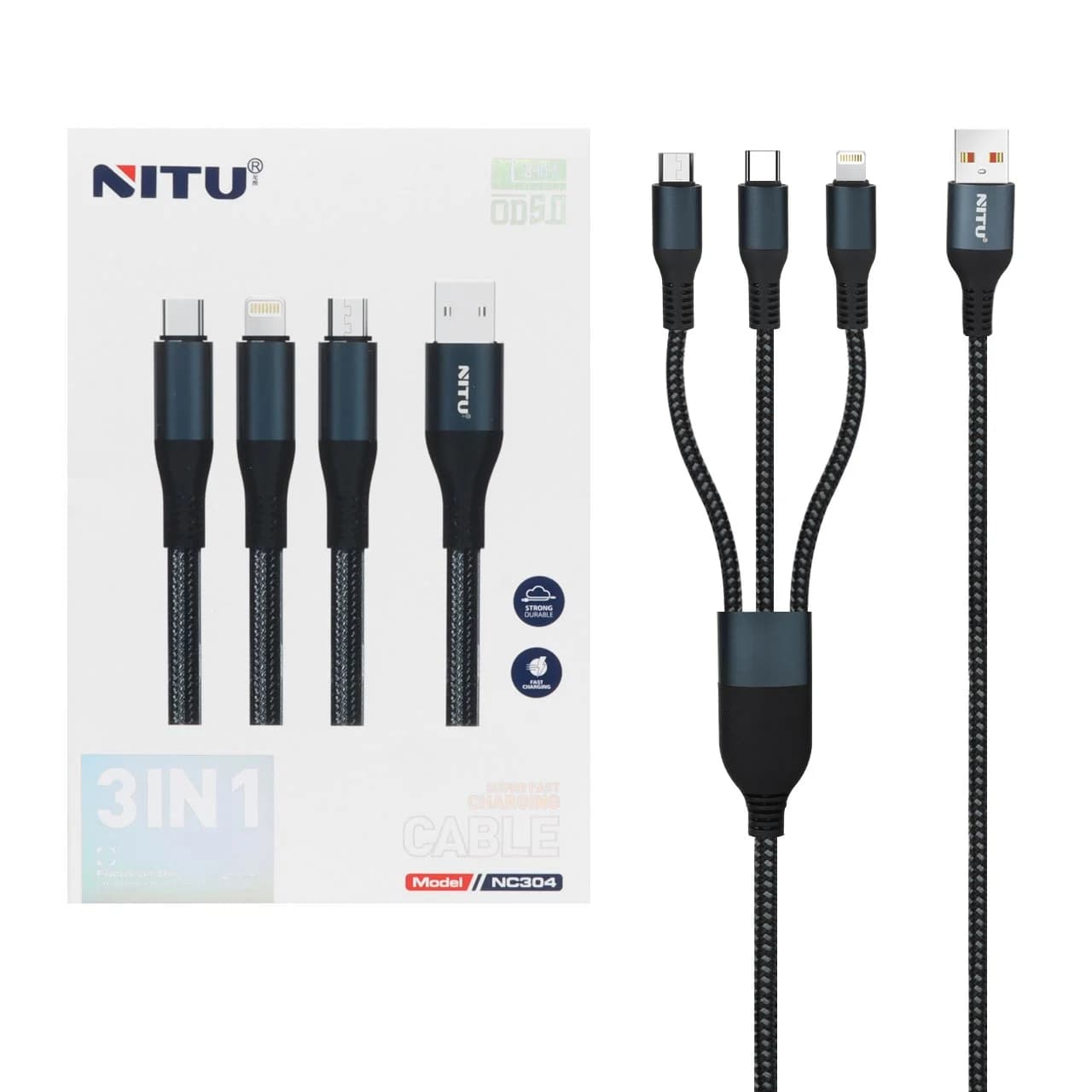 کابل شارژ و دیتا فست کنفی سه کاره Nitu مدل NC304 – سرمه ای (گارانتی 18 ماه تعویض نیکان همراه)