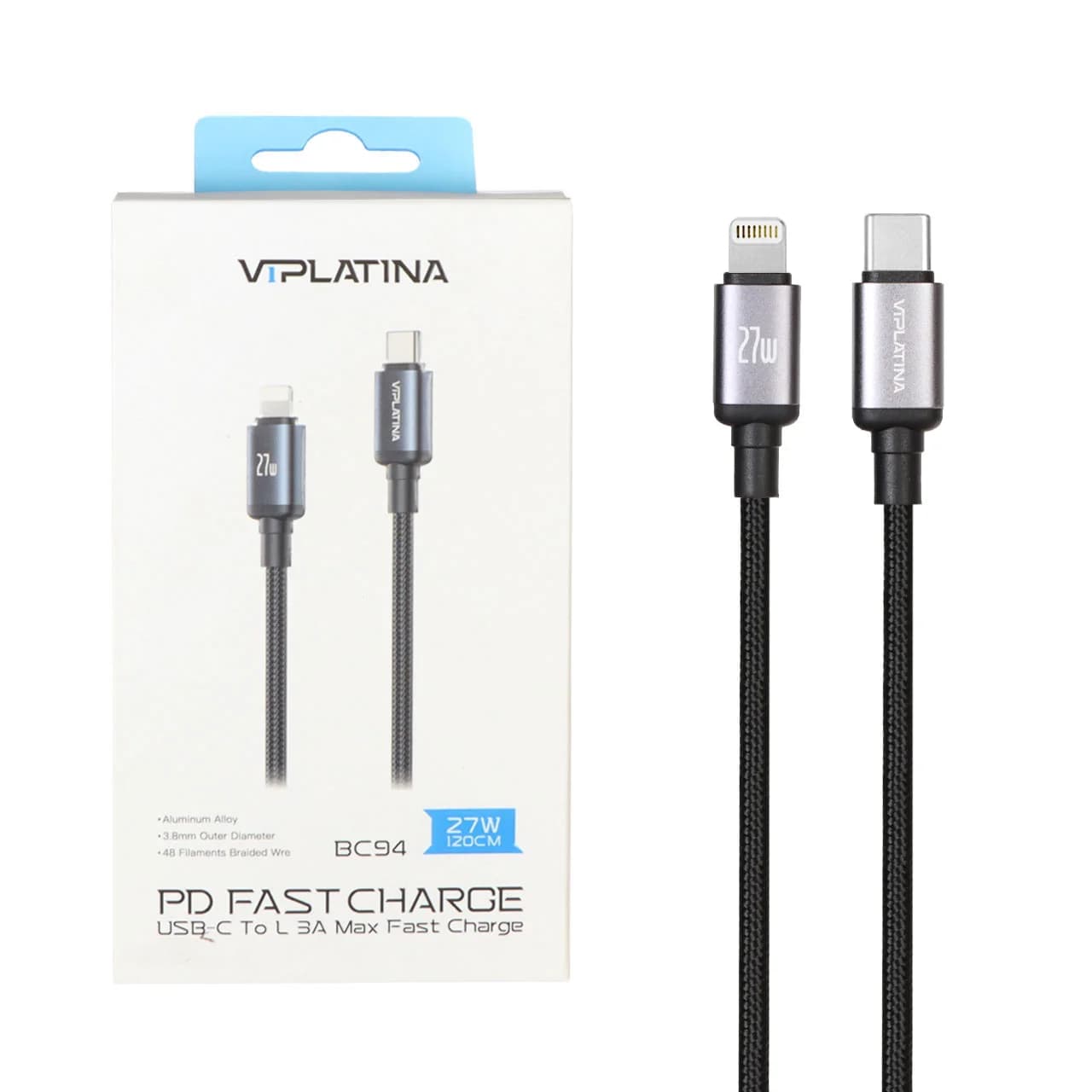 کابل شارژ فست 1.2 متری VIPLATINA Type-C To Lightning مدل BC94 27W – مشکی (گارانتی 18 ماه تعویض نیکان همراه)