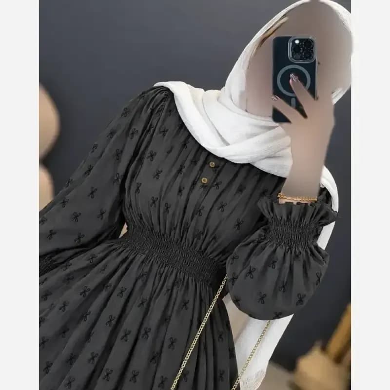 پیراهن پاییزه مخمل شانل خاکستری فری سایز یقه ایستاده آستین کیمونو — تصویر ۲