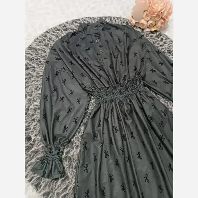 پیراهن پاییزه مخمل شانل خاکستری فری سایز یقه ایستاده آستین کیمونو — تصویر ۵