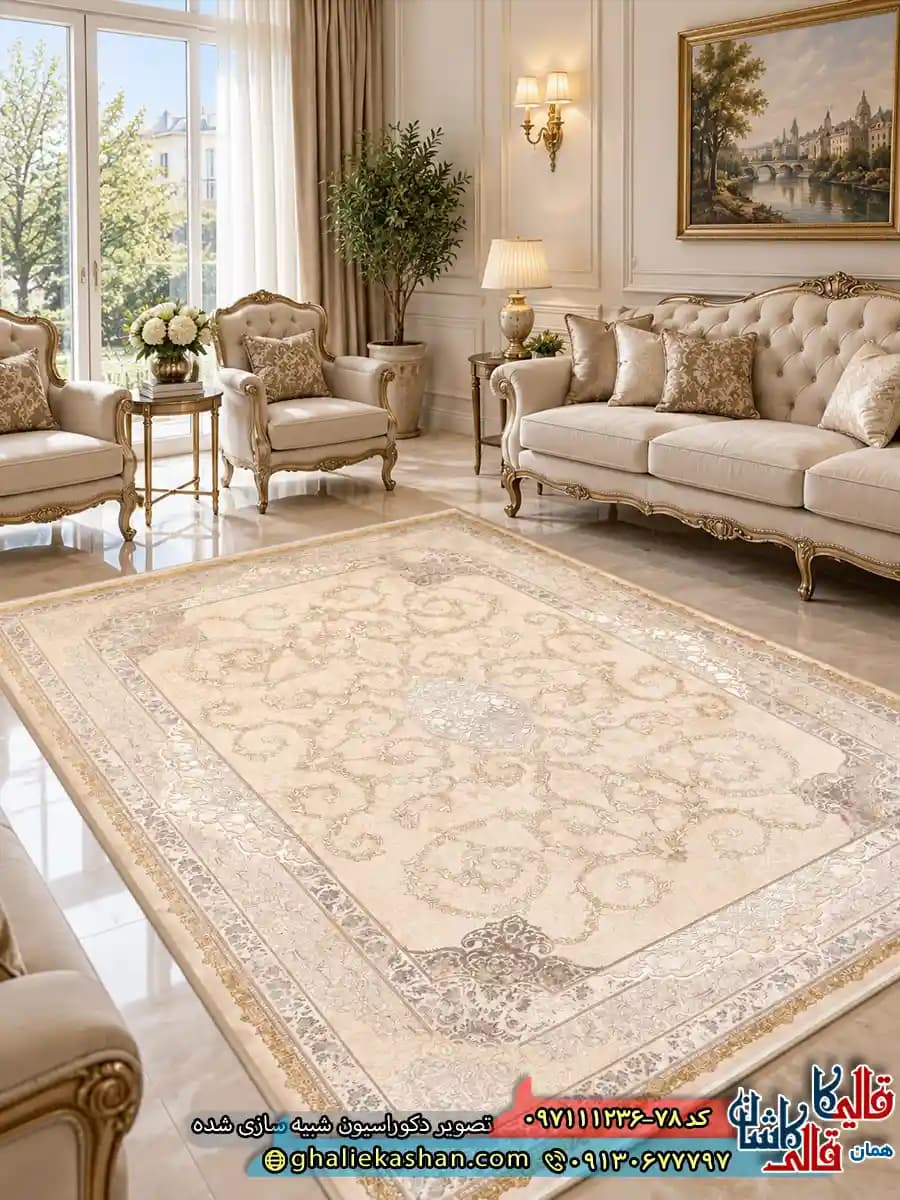 فرش ‌وینتیج ‌1200 ‌شانه ‌طرح ‌نادین ‌رنگ ‌قهوه ‌ای ‌نسکافه ‌ای ‌گل ‌برجسته ‌کاشان