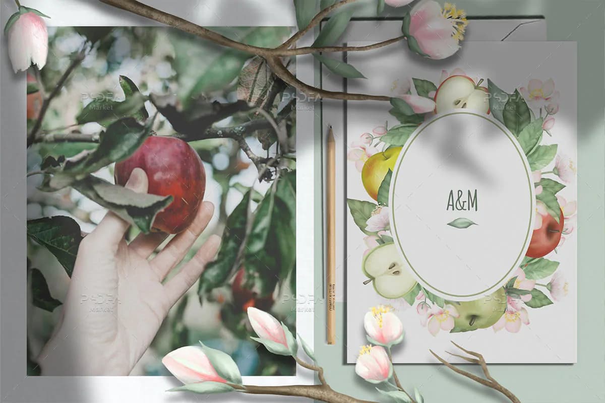 طرح نقاشی سیب و شکوفه به همراه پترن، قاب عکس و عناصر طراحی — تصویر ۵