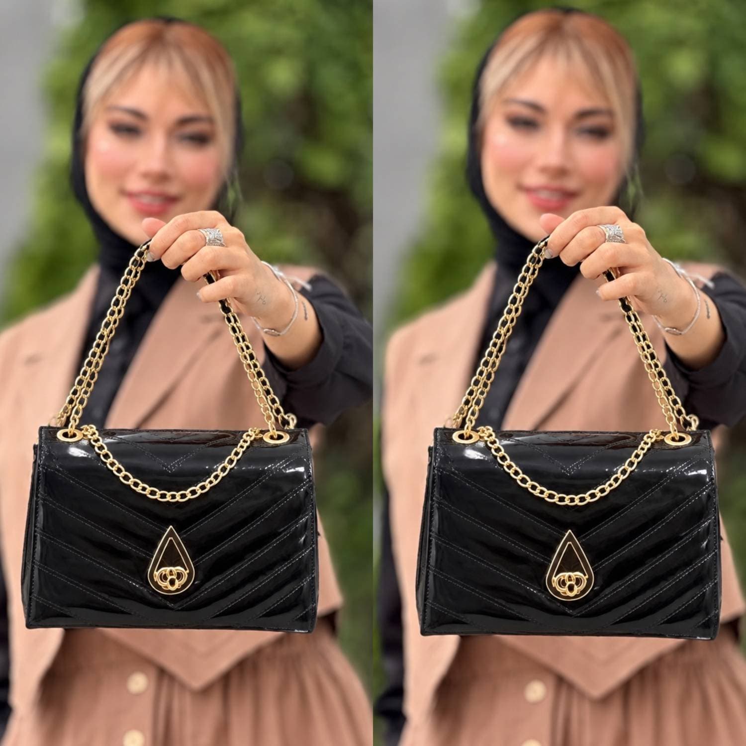 کیف دوشی زنانه مجلسی مونا چرم ورنی مشکی با زنجیر طلایی (کد: 16297)