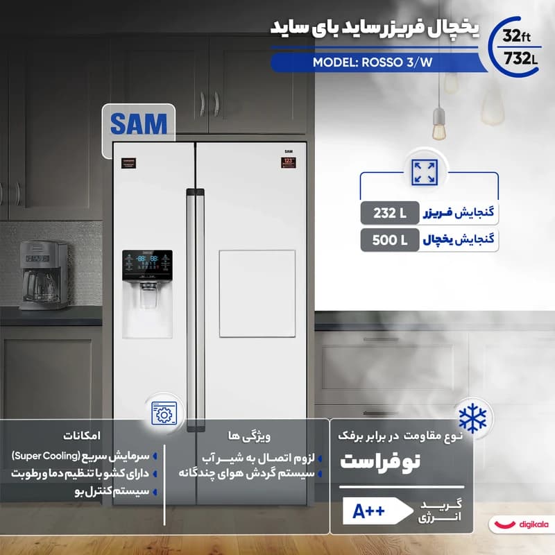 یخچال فریزر ساید بای ساید 32 فوت سام مدل ROSSO 3/WE (سفید چرمی) — تصویر ۵