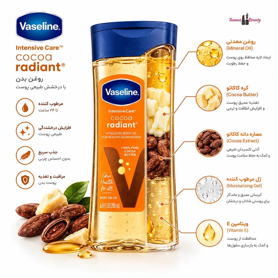 روغن بدن ژله ای وازلین کاکائو رادیانت اصل Cocoa Radiant — تصویر ۳
