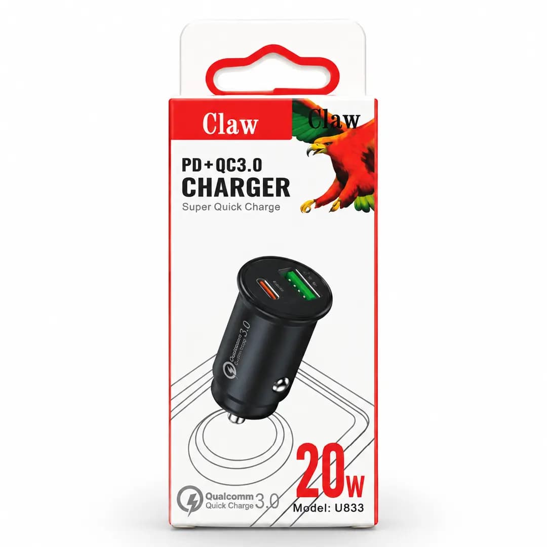شارژر فندکی خودرو کلاو مدل U833 توان ۲۰ وات با شارژ سریع PD و QC 3.0