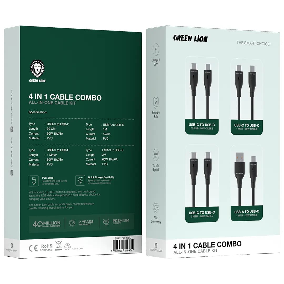 پک ۴ عددی کابل شارژ و انتقال داده گرین لاین مدل Green Lion 4 in 1 Cable Combo All-In-One Kit