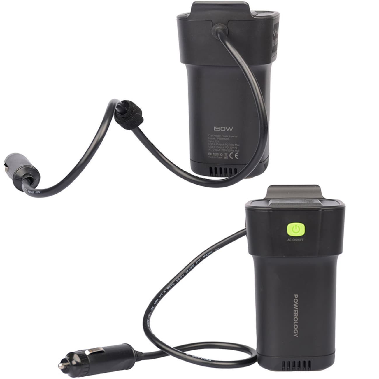 اینورتر و شارژر فندکی فست شارژ ماشین تایپ سی و یو اس بی 150 وات پاورولوژی P150INVBK — تصویر ۵