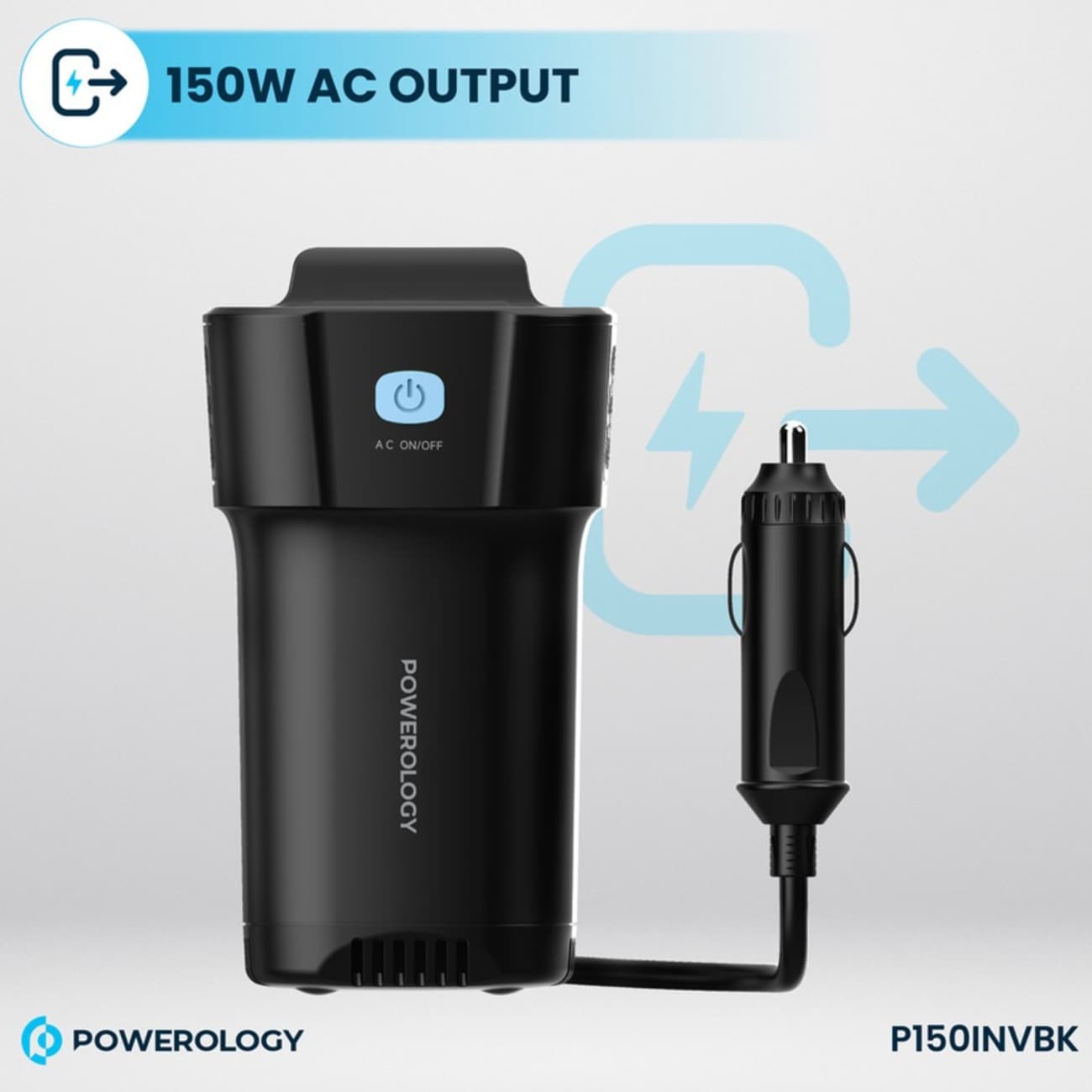اینورتر و شارژر فندکی فست شارژ ماشین تایپ سی و یو اس بی 150 وات پاورولوژی P150INVBK — تصویر ۷