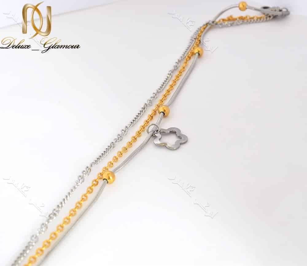 پابند دخترانه استیل طلایی نقره ای سه ردیفه با آویز طرح شکوفه Se-n104 — تصویر ۲