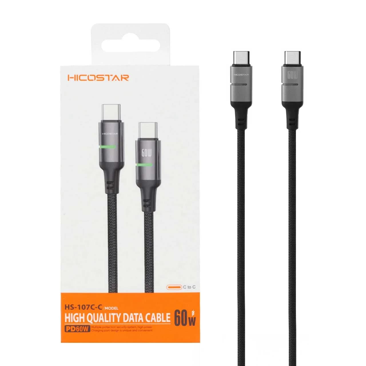 کابل شارژ فست و Hicostar Type-C to Type-C PD مدل HS-107C-C 60W – مشکی