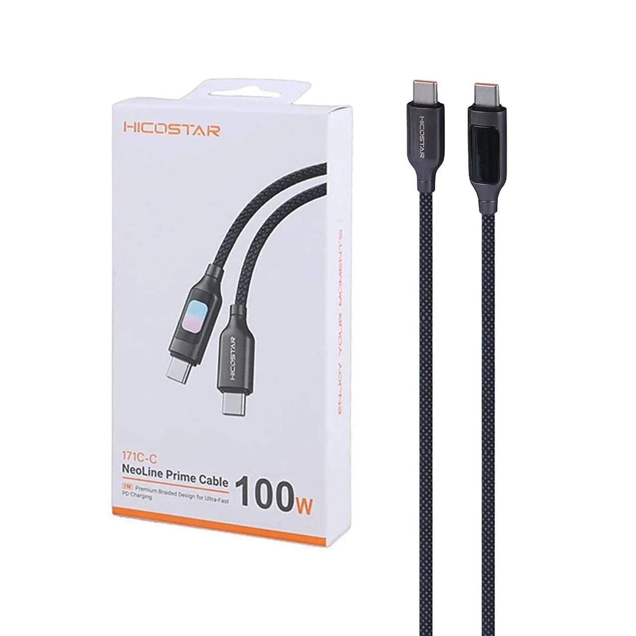 کابل شارژ فست و Hicostar Type-C to Type-C PD مدل HS-171C-C 100W – مشکی (دارای نمایشگر LED)