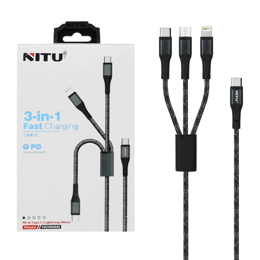 کابل شارژ و دیتا PD و فست 1.2متری سه کاره NITU مدل NC206G – مشکی سفید (گارانتی 18 ماه تعویض نیکان همراه)