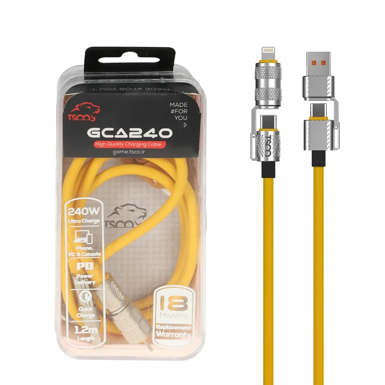 کابل شارژ PD و فست 240W چهارکاره ( گیمینگ ) 1.2 متری TSCO مدل GCA240 – زرد (گارانتی 18 ماهه تسکو)