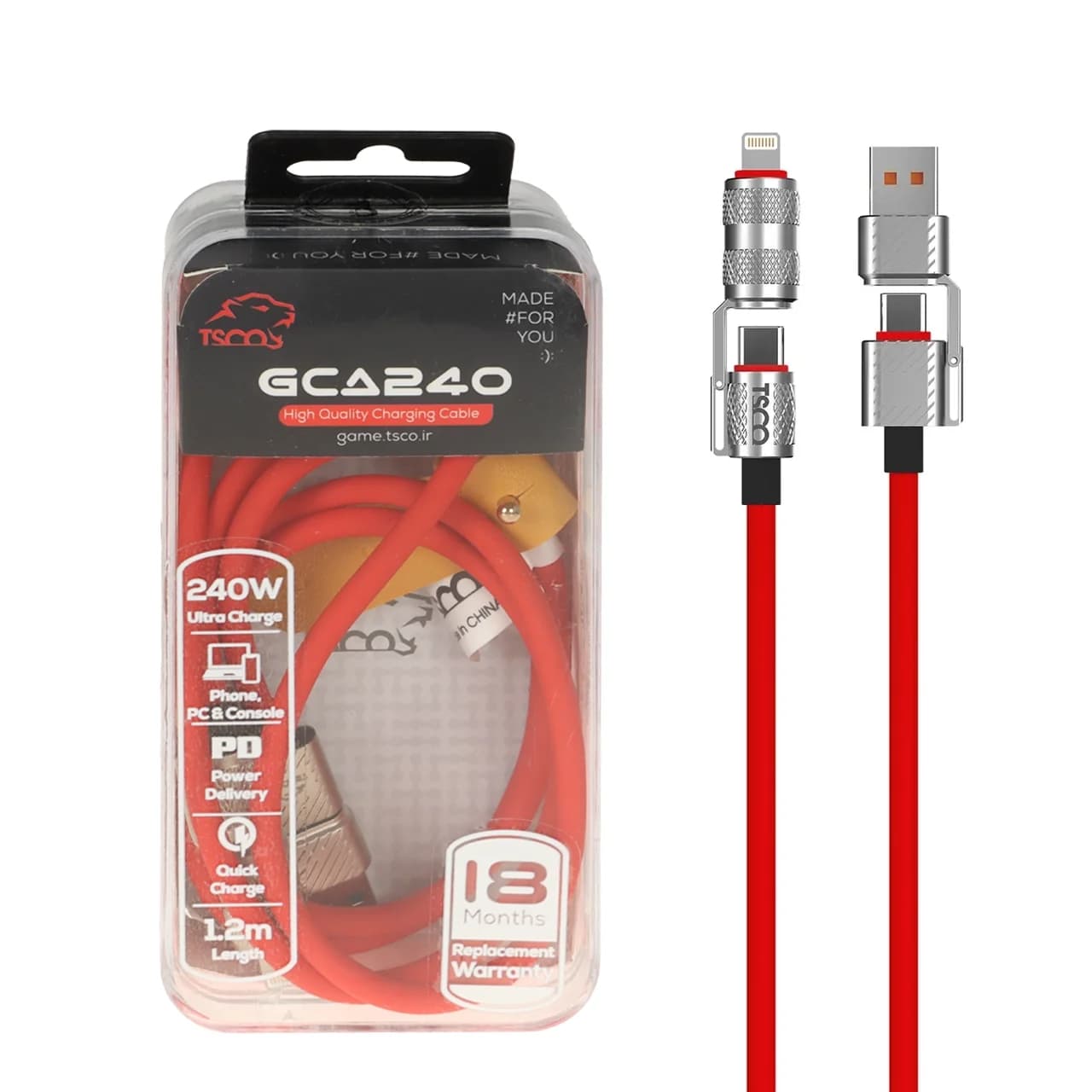 کابل شارژ PD و فست 240W چهارکاره ( گیمینگ ) 1.2 متری TSCO مدل GCA240 – قرمز (گارانتی 18 ماهه تسکو