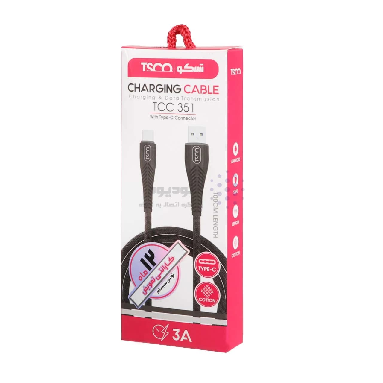 کابل شارژ و دیتا فست نخی TSCO Type-C مدل TCC 351 – قرمز (گارانتی 12 ماهه TSCO مدل) — تصویر ۳
