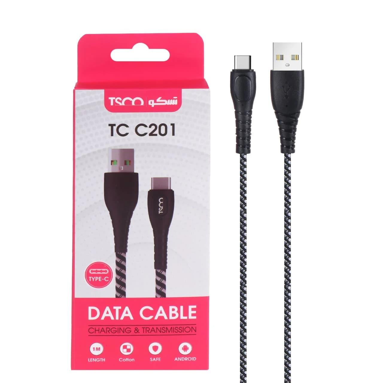 کابل شارژ و دیتا فست کنفی TSCO Type-C مدل TCC 201 – مشکی سفید(گارانتی 12 ماهه TSCO)
