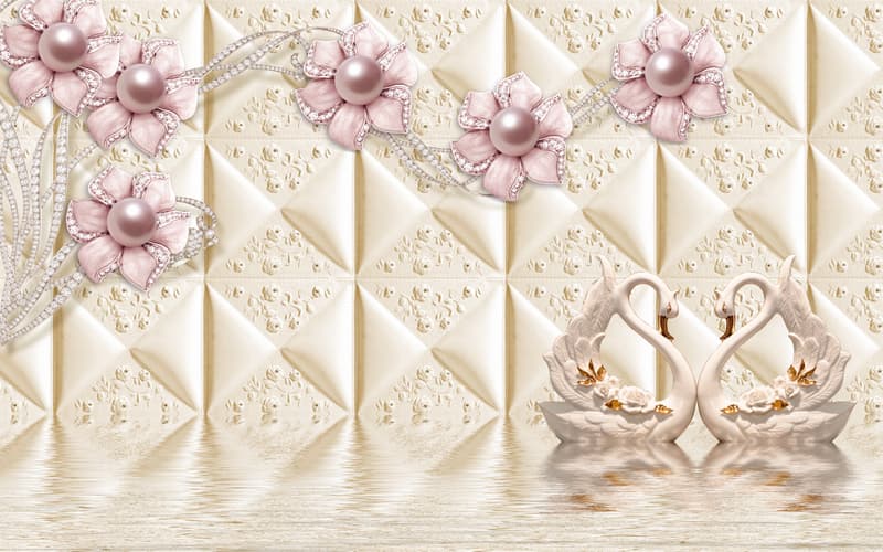پوستر دیواری سه‌بعدی و لوکس طرح قوهای عاشق، گل‌های مرواریدی و لمسه چرمی (مدل Swans & Pearl Flowers)